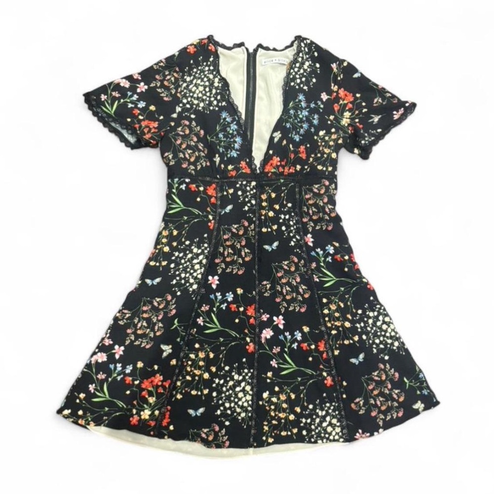 Alice and Olivia Amara lace insert floral mini dress